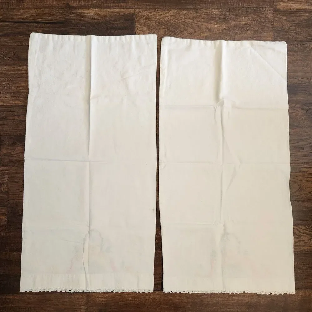Vintage Pair Hand Embroidered Floral Crocheted Edges Pillowcases Cottagecore